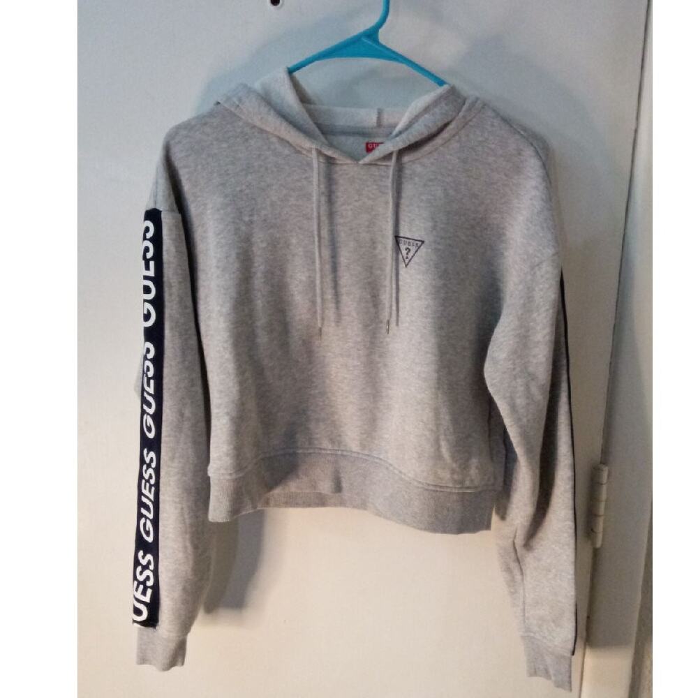 Guess Spellout Cropped Gray Hoodie S Casual Comfy Skater Bikercore Streetwear